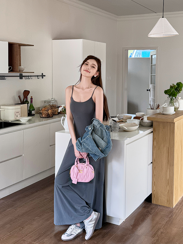 High-Waisted A-Line Long Skirt Dress - Light Fabric, Slimming Flared Design, Stretchy Fitted Spaghetti Strap, Perfect for Y2K Style High-Waisted A-Line Long Skirt Dress - Light Fabric, Slimming Flared Design, Stretchy Fitted Spaghetti Strap, Perfect for Y2K Style