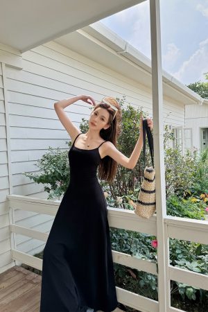 High-Waisted A-Line Long Skirt Dress - Light Fabric, Slimming Flared Design, Stretchy Fitted Spaghetti Strap, Perfect for Y2K Style