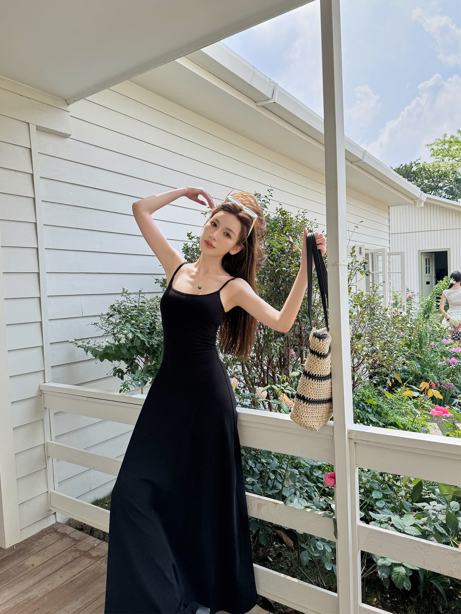 High-Waisted A-Line Long Skirt Dress - Light Fabric, Slimming Flared Design, Stretchy Fitted Spaghetti Strap, Perfect for Y2K Style High-Waisted A-Line Long Skirt Dress - Light Fabric, Slimming Flared Design, Stretchy Fitted Spaghetti Strap, Perfect for Y2K Style