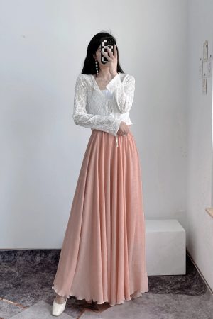 High-Waisted A-Line Long Skirt in Wrinkle-Resistant Cotton-Linen, Solid Color, Large Swing, Slimming Design for Spring & Summer