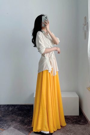 High-Waisted A-Line Long Skirt in Wrinkle-Resistant Cotton-Linen, Solid Color, Large Swing, Slimming Design for Spring & Summer