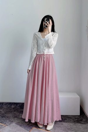 High-Waisted A-Line Long Skirt in Wrinkle-Resistant Cotton-Linen, Solid Color, Large Swing, Slimming Design for Spring & Summer