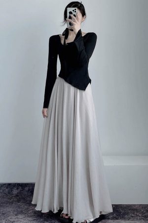 High-Waisted A-Line Long Skirt in Wrinkle-Resistant Cotton-Linen, Solid Color, Large Swing, Slimming Design for Spring & Summer