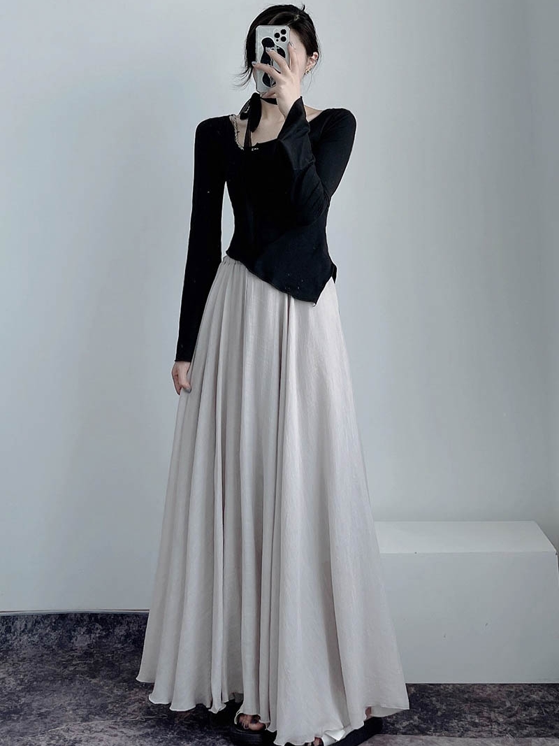 High-Waisted A-Line Long Skirt in Wrinkle-Resistant Cotton-Linen, Solid Color, Large Swing, Slimming Design for Spring & Summer High-Waisted A-Line Long Skirt in Wrinkle-Resistant Cotton-Linen, Solid Color, Large Swing, Slimming Design for Spring & Summer