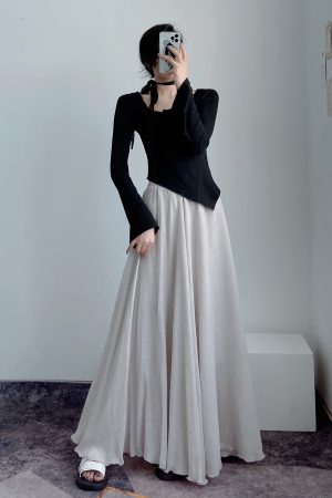 High-Waisted A-Line Long Skirt in Wrinkle-Resistant Cotton-Linen, Solid Color, Large Swing, Slimming Design for Spring & Summer
