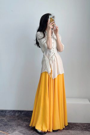 High-Waisted A-Line Long Skirt in Wrinkle-Resistant Cotton-Linen, Solid Color, Large Swing, Slimming Design for Spring & Summer