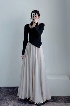 High-Waisted A-Line Long Skirt in Wrinkle-Resistant Cotton-Linen, Solid Color, Large Swing, Slimming Design for Spring & Summer