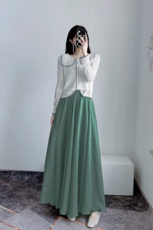 High-Waisted A-Line Long Skirt in Wrinkle-Resistant Cotton-Linen, Solid Color, Large Swing, Slimming Design for Spring & Summer