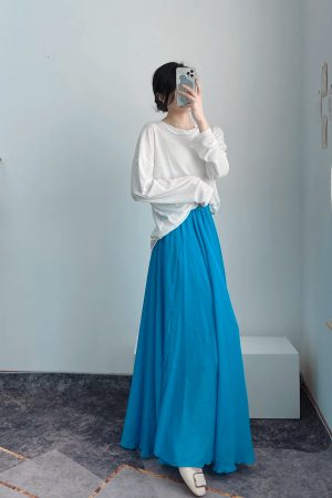 High-Waisted A-Line Long Skirt in Wrinkle-Resistant Cotton-Linen, Solid Color, Large Swing, Slimming Design for Spring & Summer