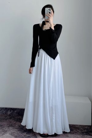 High-Waisted A-Line Long Skirt in Wrinkle-Resistant Cotton-Linen, Solid Color, Large Swing, Slimming Design for Spring & Summer