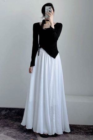 High-Waisted A-Line Long Skirt in Wrinkle-Resistant Cotton-Linen, Solid Color, Large Swing, Slimming Design for Spring & Summer