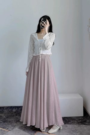High-Waisted A-Line Long Skirt in Wrinkle-Resistant Cotton-Linen, Solid Color, Large Swing, Slimming Design for Spring & Summer