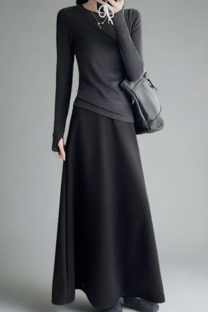 High-Waisted A-Line Long Skirt with Elastic Waist, Loose Fit, Zipper - Versatile Casual Floor-Length Skirt for Spring and Summer