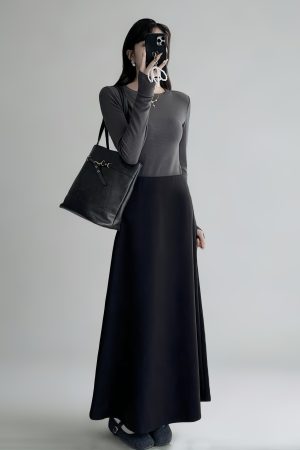 High-Waisted A-Line Long Skirt with Elastic Waist, Loose Fit, Zipper - Versatile Casual Floor-Length Skirt for Spring and Summer