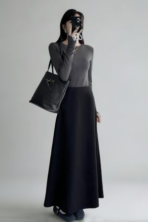 High-Waisted A-Line Long Skirt with Elastic Waist, Loose Fit, Zipper - Versatile Casual Floor-Length Skirt for Spring and Summer