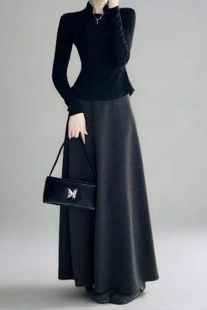 High-Waisted A-Line Long Skirt with Elastic Waist, Loose Fit, Zipper - Versatile Casual Floor-Length Skirt for Spring and Summer