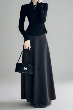 High-Waisted A-Line Long Skirt with Elastic Waist, Loose Fit, Zipper - Versatile Casual Floor-Length Skirt for Spring and Summer