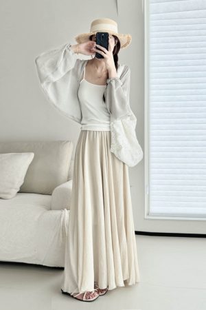 High-Waisted A-Line Midi Skirt in Gentle Apricot - Wrinkle-Resistant Cotton-Linen, Vintage Spring Style, Flattering Ankle-Length Design