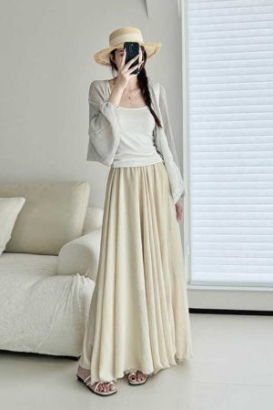 High-Waisted A-Line Midi Skirt in Gentle Apricot - Wrinkle-Resistant Cotton-Linen, Vintage Spring Style, Flattering Ankle-Length Design