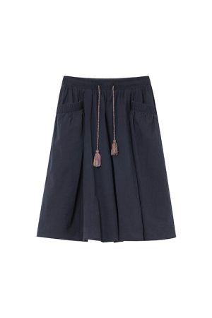 High-Waisted A-Line Short Skirt for Women, Elastic Pleated Big Pocket Tassel Design, Summer 2025 Petite Fashion Trend