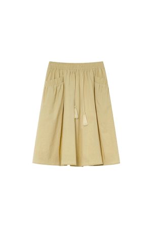 High-Waisted A-Line Short Skirt for Women, Elastic Pleated Big Pocket Tassel Design, Summer 2025 Petite Fashion Trend