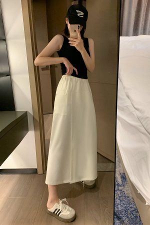 High-Waisted A-Line Skirt Pants, Slim-Fit, Wrinkle-Free Faux Two-Piece Design, Mid-Length with Pockets for Summer 2025 Fashion
