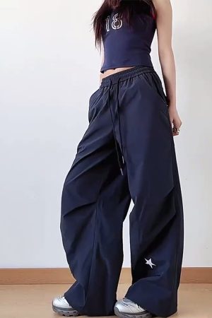 High-Waisted American Retro Star Work Pants for Women, Slimming Wide-Leg Loose Casual Sports Style for Summer