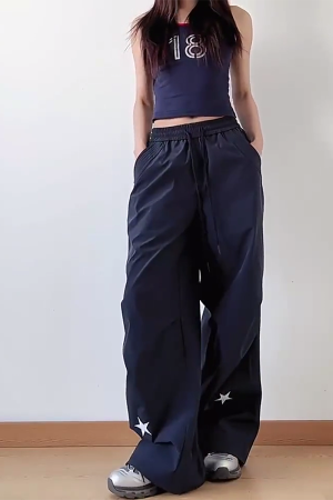 High-Waisted American Retro Star Work Pants for Women, Slimming Wide-Leg Loose Casual Sports Style for Summer