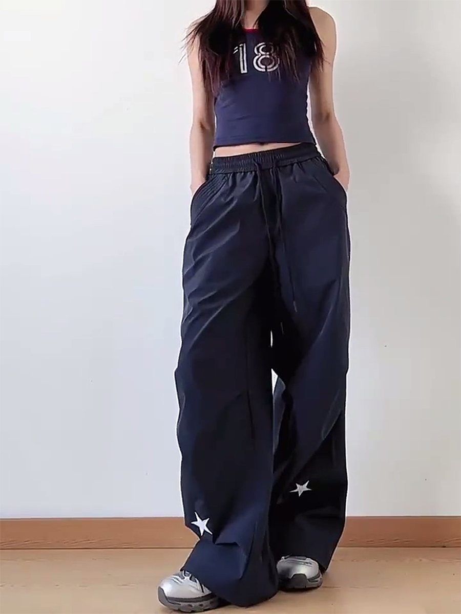High-Waisted American Retro Star Work Pants for Women, Slimming Wide-Leg Loose Casual Sports Style for Summer High-Waisted American Retro Star Work Pants for Women, Slimming Wide-Leg Loose Casual Sports Style for Summer