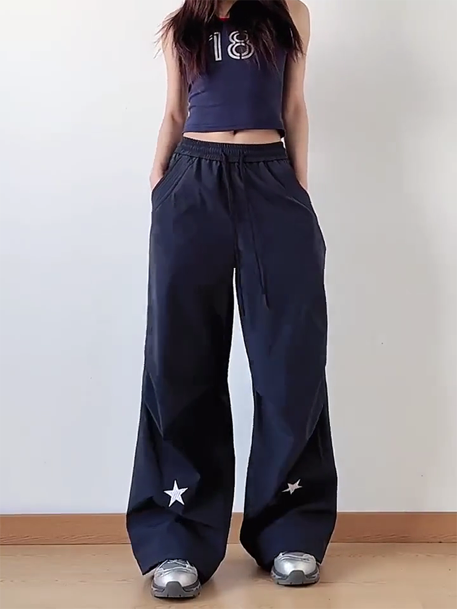 High-Waisted American Retro Star Work Pants for Women, Slimming Wide-Leg Loose Casual Sports Style for Summer High-Waisted American Retro Star Work Pants for Women, Slimming Wide-Leg Loose Casual Sports Style for Summer