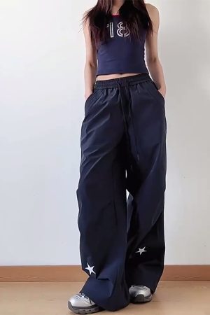 High-Waisted American Retro Star Work Pants for Women, Slimming Wide-Leg Loose Casual Sports Style for Summer