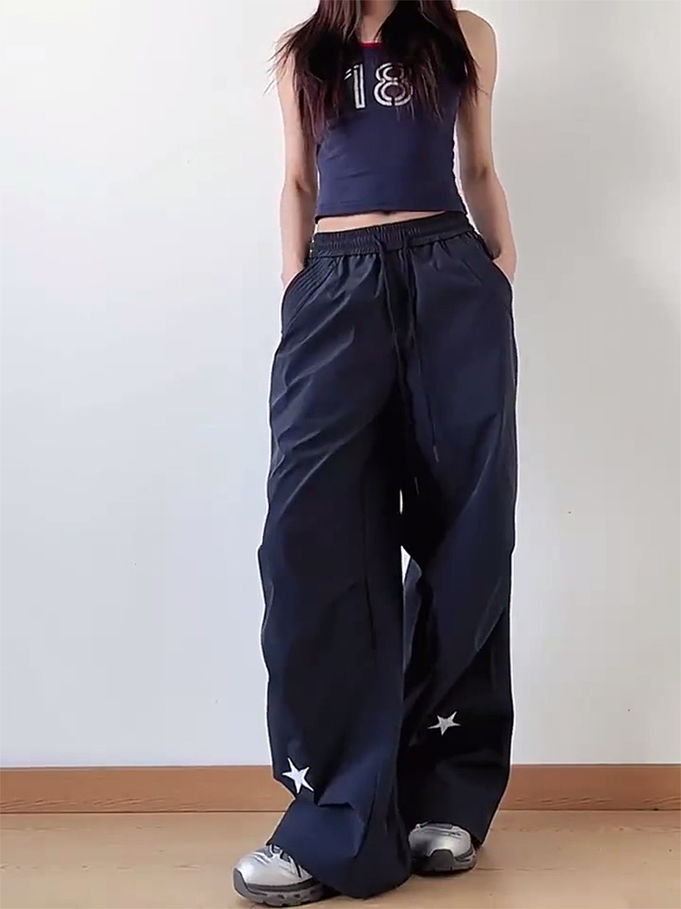 High-Waisted American Retro Star Work Pants for Women, Slimming Wide-Leg Loose Casual Sports Style for Summer High-Waisted American Retro Star Work Pants for Women, Slimming Wide-Leg Loose Casual Sports Style for Summer