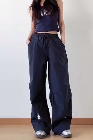 High-Waisted American Retro Star Work Pants for Women, Slimming Wide-Leg Loose Casual Sports Style for Summer