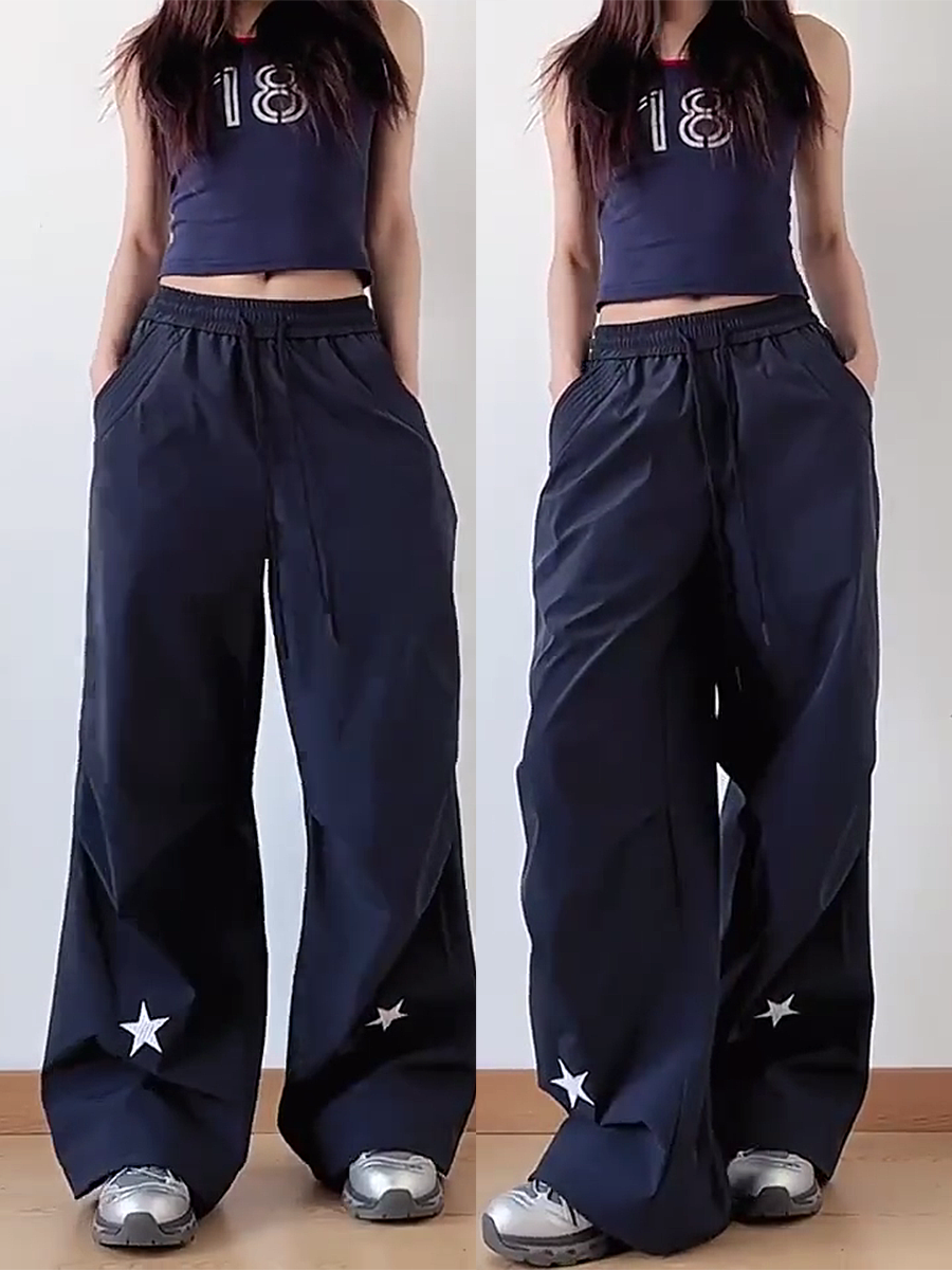 High-Waisted American Retro Star Work Pants for Women, Slimming Wide-Leg Loose Casual Sports Style for Summer High-Waisted American Retro Star Work Pants for Women, Slimming Wide-Leg Loose Casual Sports Style for Summer
