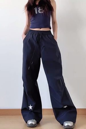 High-Waisted American Retro Star Work Pants for Women, Slimming Wide-Leg Loose Casual Sports Style for Summer