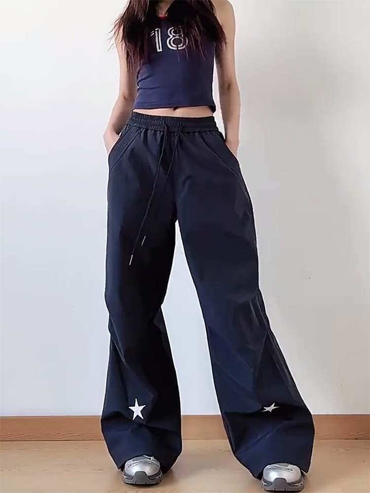High-Waisted American Retro Star Work Pants for Women, Slimming Wide-Leg Loose Casual Sports Style for Summer High-Waisted American Retro Star Work Pants for Women, Slimming Wide-Leg Loose Casual Sports Style for Summer