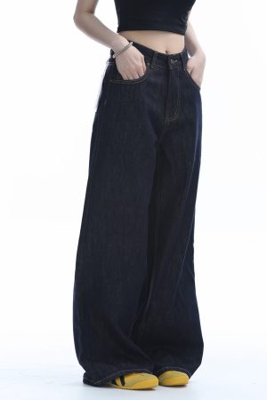 High-Waisted American Retro Wide-Leg Jeans for Women, Casual Draped Floor-Length Pants in Lazy Style