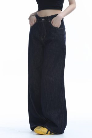 High-Waisted American Retro Wide-Leg Jeans for Women, Casual Draped Floor-Length Pants in Lazy Style