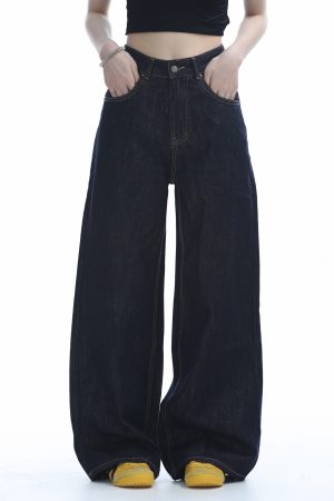 High-Waisted American Retro Wide-Leg Jeans for Women, Casual Draped Floor-Length Pants in Lazy Style