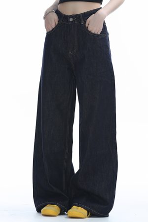 High-Waisted American Retro Wide-Leg Jeans for Women, Casual Draped Floor-Length Pants in Lazy Style
