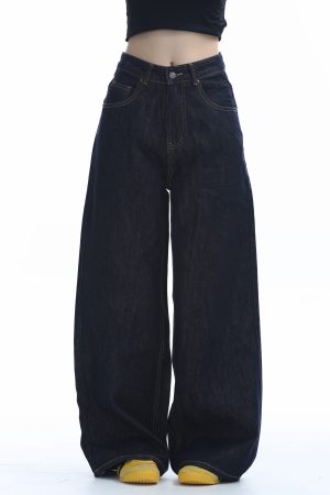High-Waisted American Retro Wide-Leg Jeans for Women, Casual Draped Floor-Length Pants in Lazy Style