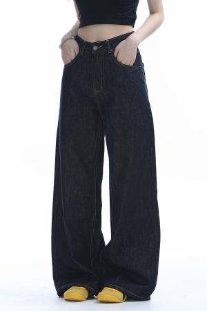 High-Waisted American Retro Wide-Leg Jeans for Women, Casual Draped Floor-Length Pants in Lazy Style