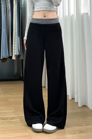 High-Waisted Black Color-Blocked Casual Sports Pants for Women, Loose-Fitting Wide-Leg Trousers for Spring 2025