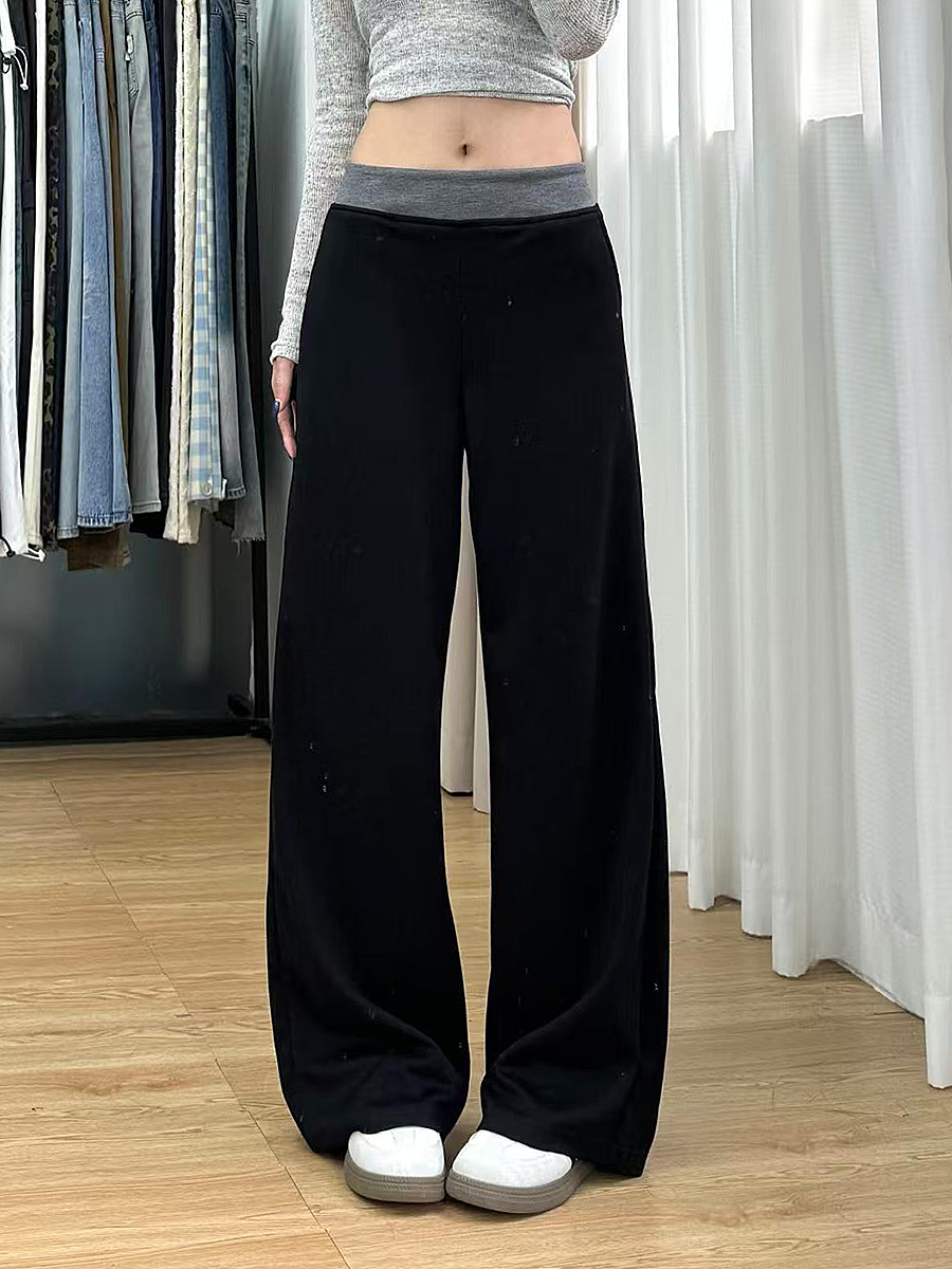 High-Waisted Black Color-Blocked Casual Sports Pants for Women, Loose-Fitting Wide-Leg Trousers for Spring 2025 High-Waisted Black Color-Blocked Casual Sports Pants for Women, Loose-Fitting Wide-Leg Trousers for Spring 2025
