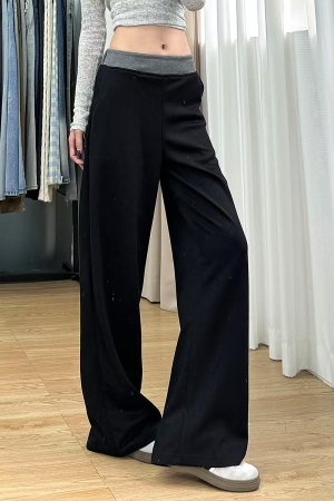 High-Waisted Black Color-Blocked Casual Sports Pants for Women, Loose-Fitting Wide-Leg Trousers for Spring 2025
