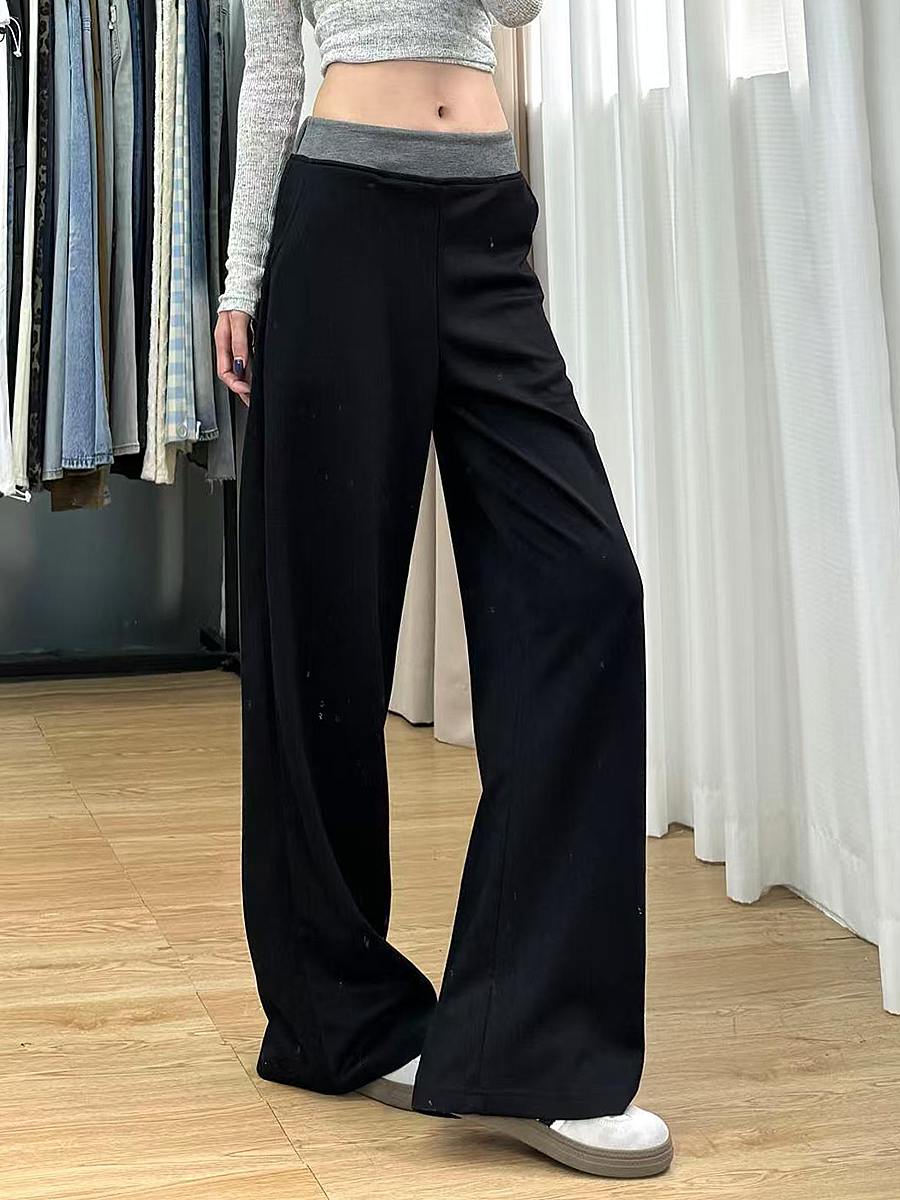 High-Waisted Black Color-Blocked Casual Sports Pants for Women, Loose-Fitting Wide-Leg Trousers for Spring 2025 High-Waisted Black Color-Blocked Casual Sports Pants for Women, Loose-Fitting Wide-Leg Trousers for Spring 2025
