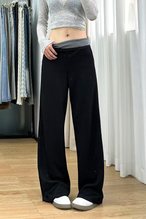 High-Waisted Black Color-Blocked Casual Sports Pants for Women, Loose-Fitting Wide-Leg Trousers for Spring 2025