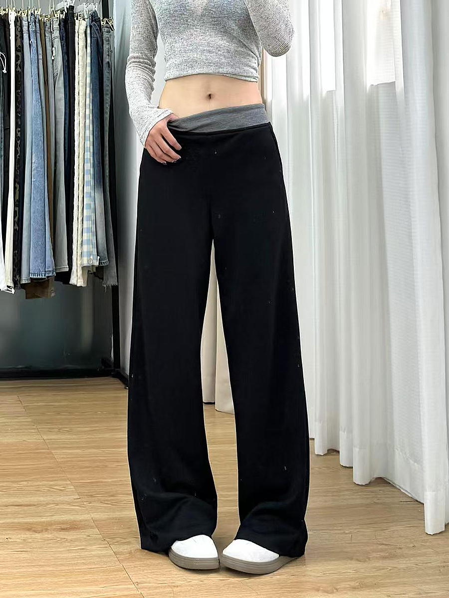 High-Waisted Black Color-Blocked Casual Sports Pants for Women, Loose-Fitting Wide-Leg Trousers for Spring 2025 High-Waisted Black Color-Blocked Casual Sports Pants for Women, Loose-Fitting Wide-Leg Trousers for Spring 2025
