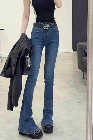 High-Waisted Black Flared Skinny Jeans for Women - Elongating, Slimming, Floor-Length, Trendy 90s Style