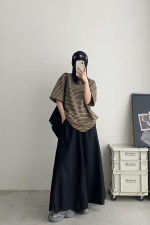 High-Waisted Black Midi Skirt for Women, Vintage Style Long Skirt, Spring Autumn Workwear, Trendy 90s Inspired Fashion